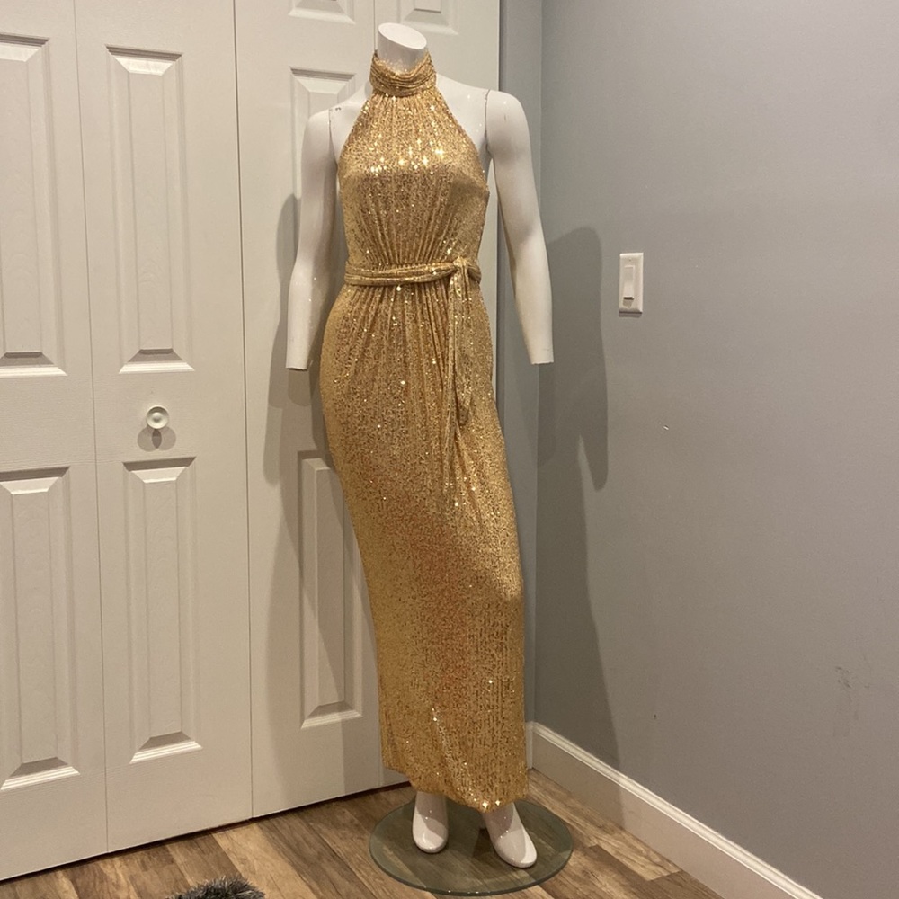 NWOT Ieena for Mac Duggal gold sequin halter gown - Picture 2 of 12